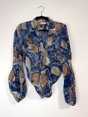 VTG Caviar Sheer Top Convertible Tie Button Blouse Navy Blue Brown Sz L